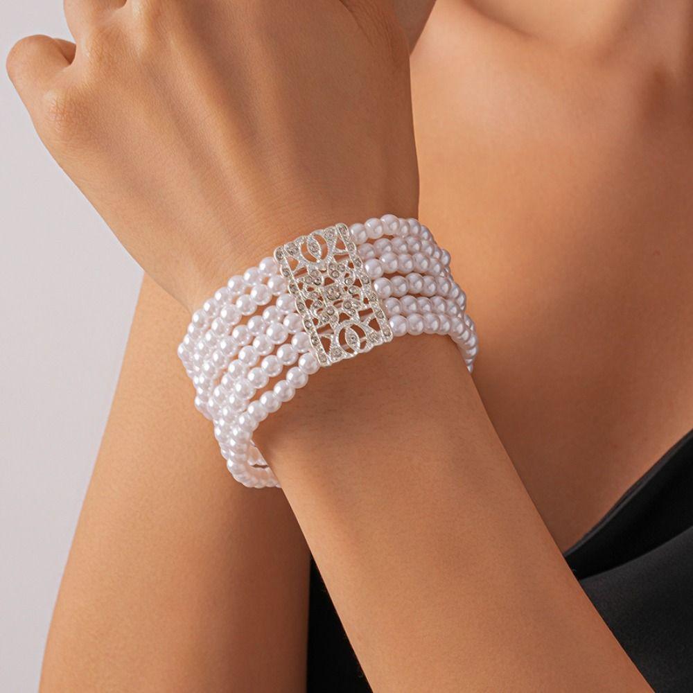 Faux Pearl Square Multi-layer Bracelet Hollow Square Pearl Hollow Bracelet Women Fashion