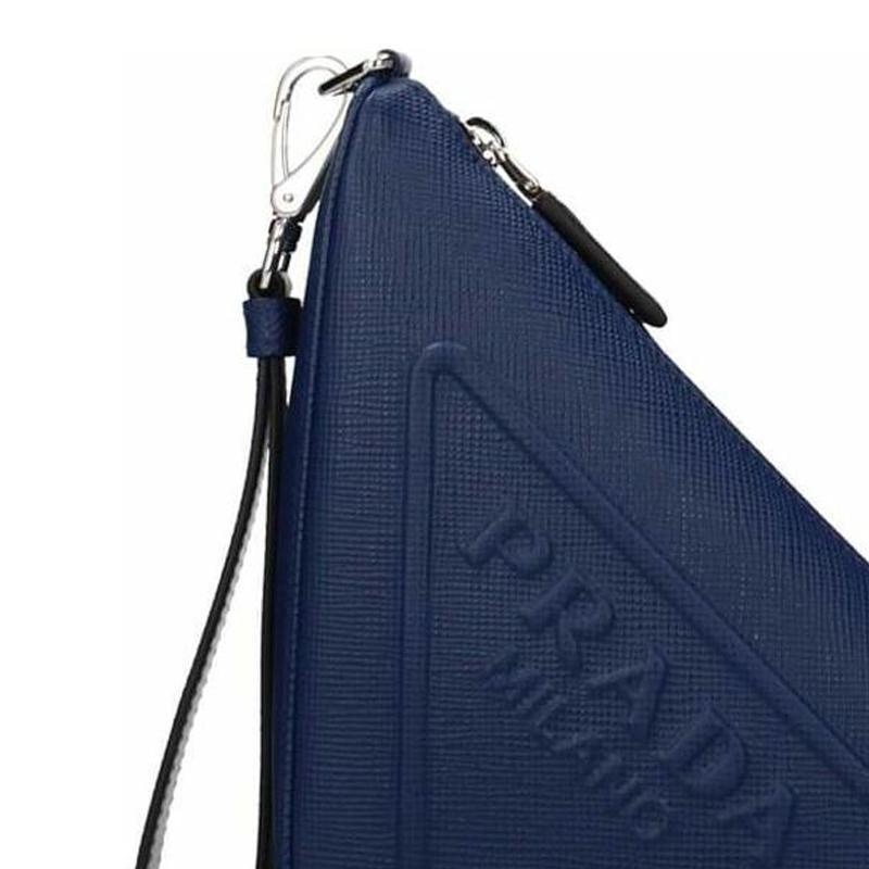 Prada Triangle Monochrome Embossed Logo Leather Triangle Clutch Small Men Clutch Blue 2NE054_2FAD_F0016