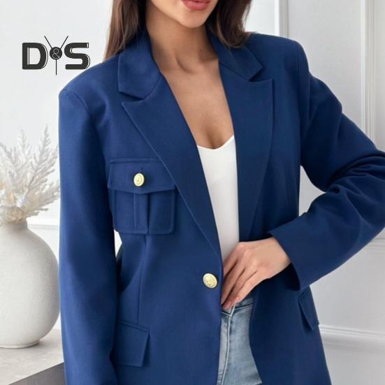 Women Suit Coat Lapel Long Sleeve Flap Pockets Suit Jacket Solid Color Single Button Office Lady Outwear