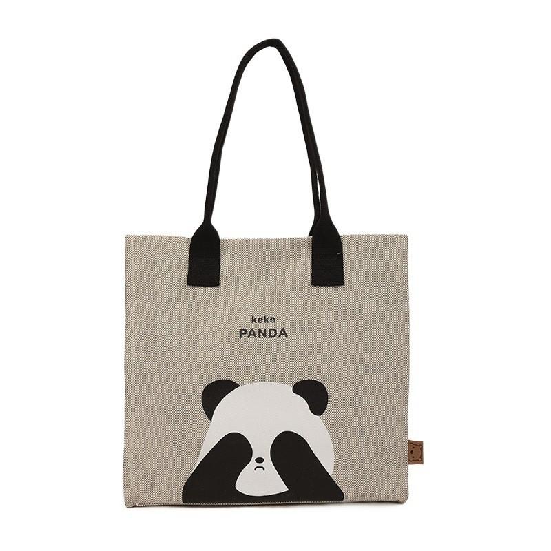 Large Capacity Panda Canvas Shoulder Bag Women Letter Cartoon Cute Tote Bag Street Fashion Shopping Bag