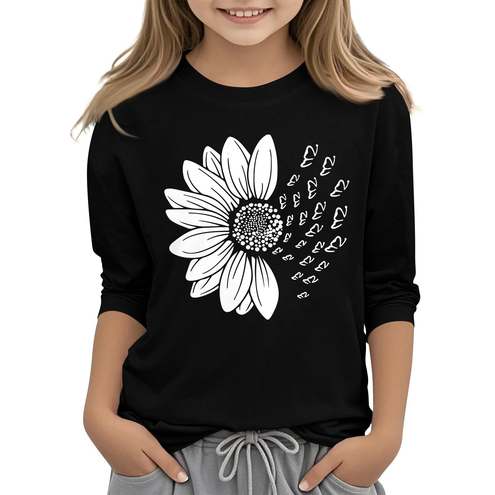 

Детская повседневная футболка с круглым вырезом и принтом подсолнечника, рукав 7 точек 110 чёрный