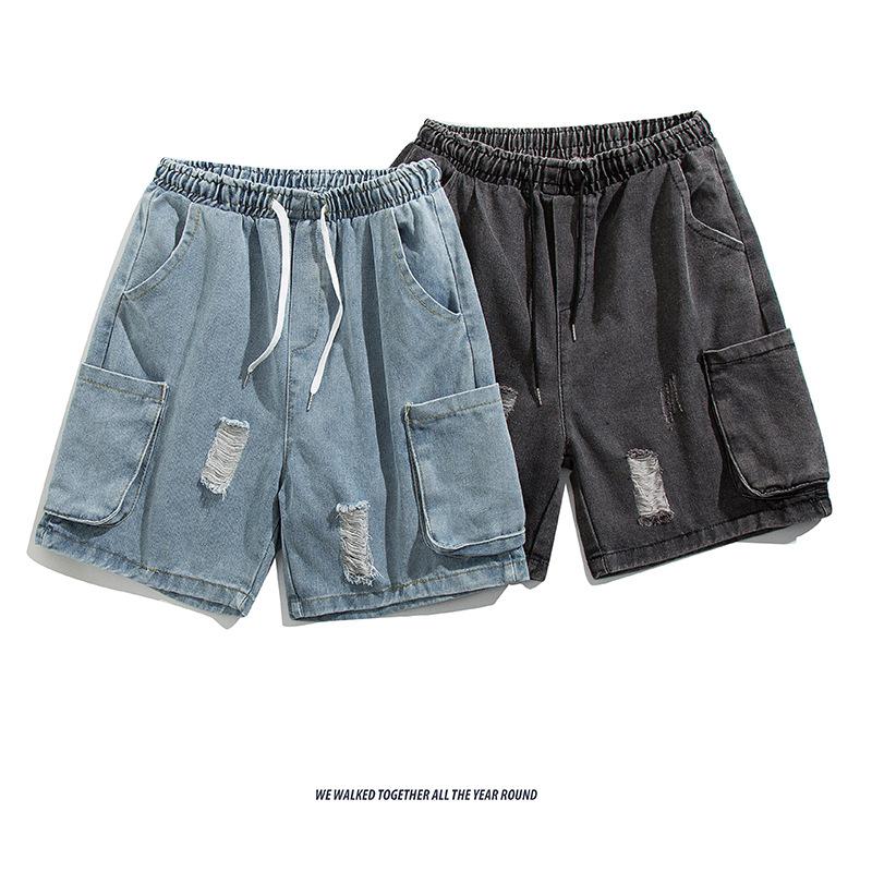 Men's Trendy Loose-Fit Ripped Denim Shorts with Big Pockets - Versatile Straight Leg Summer Casual Workwear.