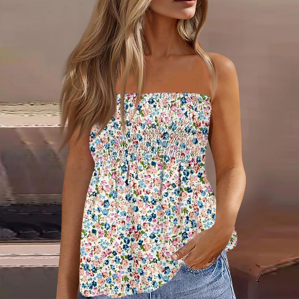 Damskie Topy Eleganckie Casualowe Bluzki Bez Rękawów Top Tube Dla Kobiet, Uroczy Seksowny T-shirt Bez Rękawów z Nadrukiem Odkrywający Ramiona