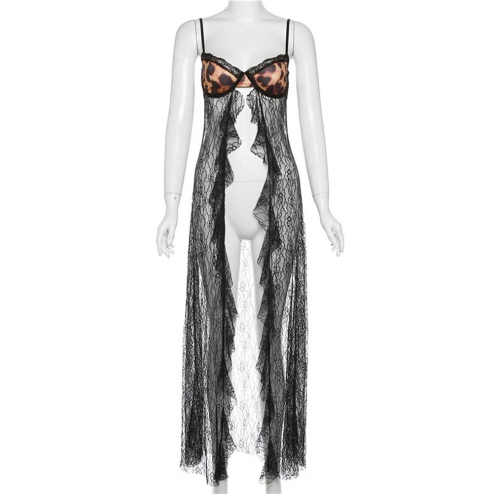 Women Sling Vest Spaghetti Strap Design Strappy Backless Leopard Print Bra Tops See-through Lace Hem Camisole