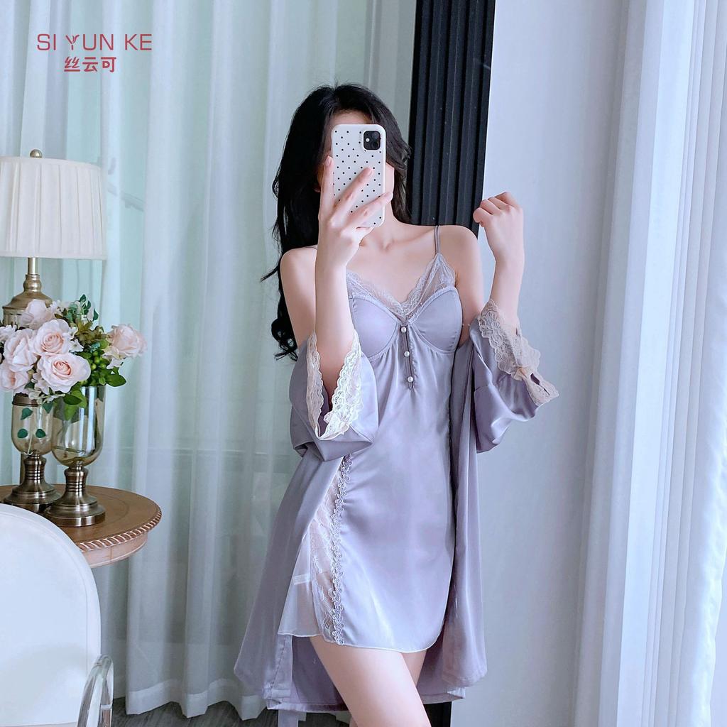 Sexy pajamas women's summer 1011 new ice silk thin lace nightdress with chest pad sexy temptation suspender skirt