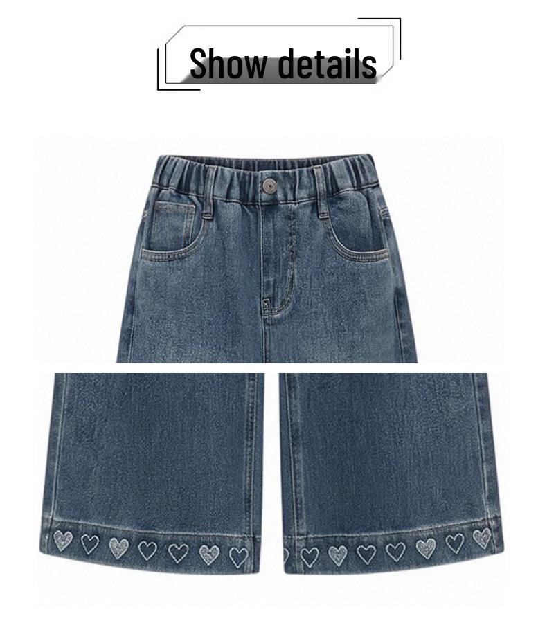 Autumn 2026 Girls' Wide Leg Jeans - Embroidered Hem, Versatile Straight Fit for Medium & Large Children