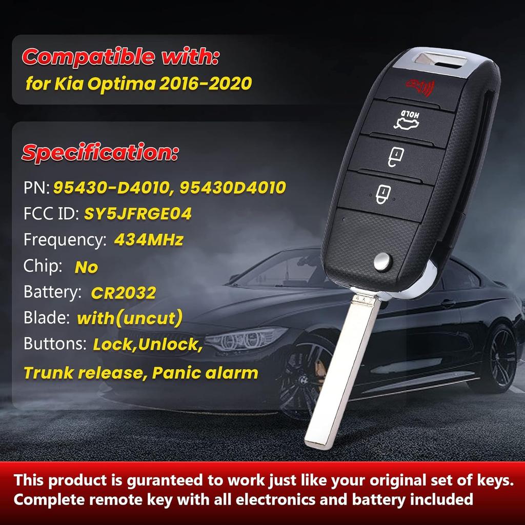 Flip Remote Key Fob for Kia Optima 2016 2017 2018 2019 2020 FCC ID: SY5JFRGE04 P/N: 95430-D4010 4 Buttons 434Mhz Keyless Entry Car Control