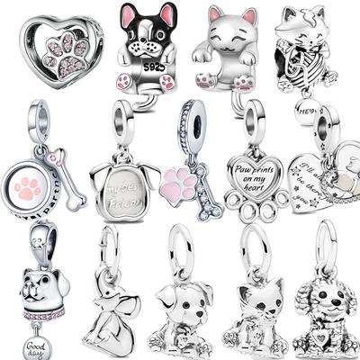 Genuine Silver Jewelry Pet Paw Print Poodle Puppy Dog Charm Fit Fashion Bracelet S925 Sterling Silver Charm Jewelry Girl Gift