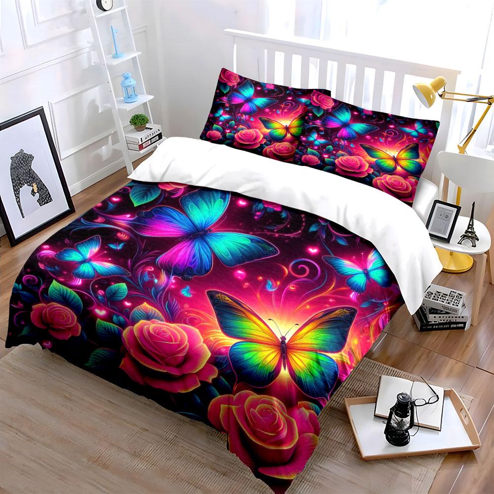 Colorful Butterfly Rose Design Bedding Duvet Cover Set Duvet Cover Pillowcases (1 * Duvet Cover 2 * Pillowcases, without duvet insert)