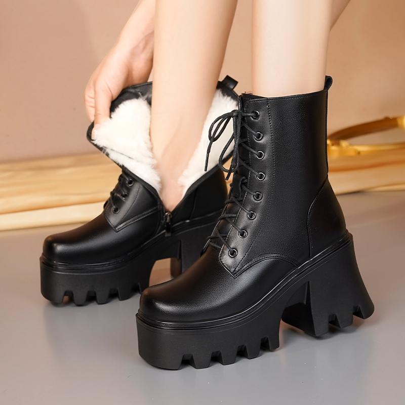 Fashion AIYUQI Women Ankle Boots Platform High Heel 2025 Genuine Leather Wool Warm Winter Boots Women Lace-up Fashion Biker Boots Women