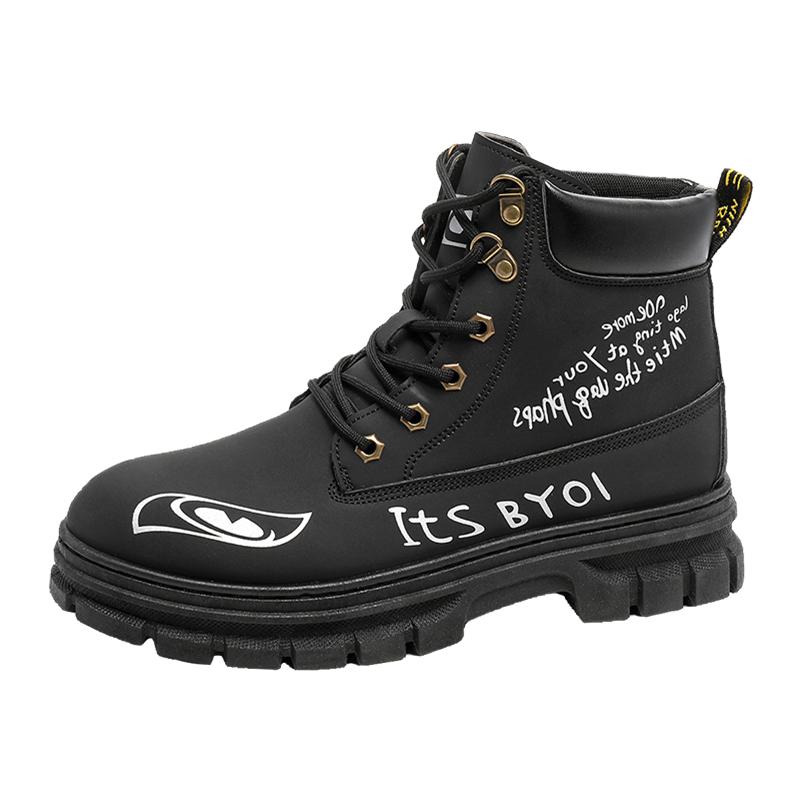 Black Graffiti Men's Motorcycle Boot High Top Platform Man Boots Trendy Streetwear Leather Ankle Boots for Men Botas De Cuero