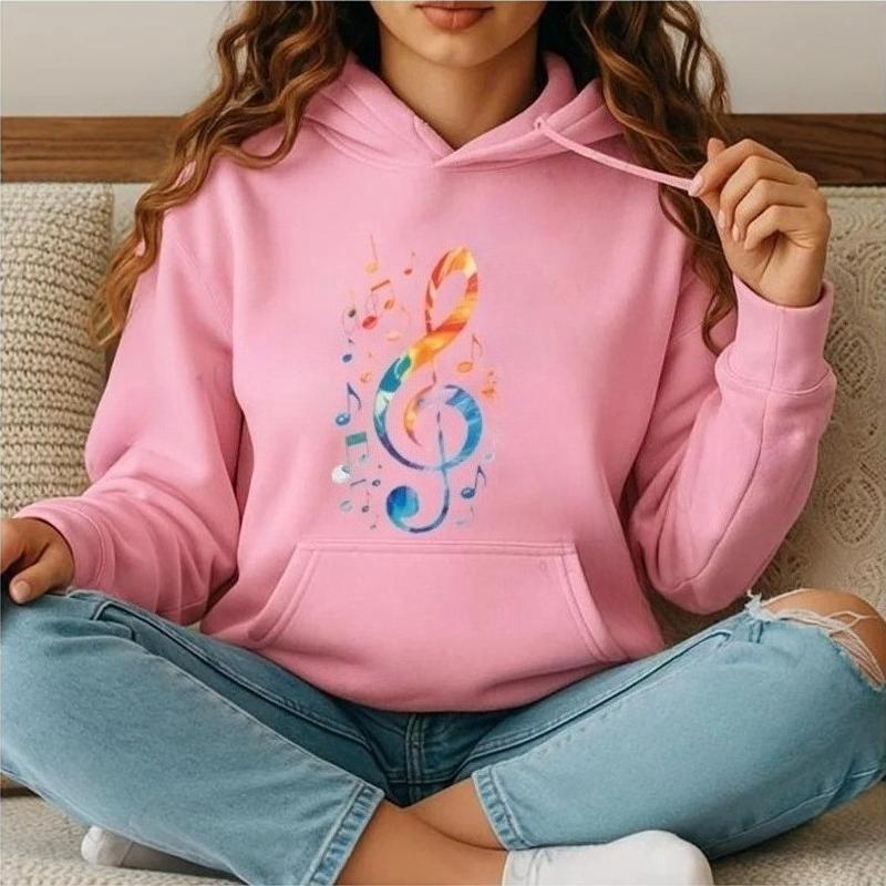 Colorful Treble Clef Hoodie for Women Casual Daily Sweatshirt Music Notes Autumn Winter Hoodie Rainbow Musician Women Sportwear