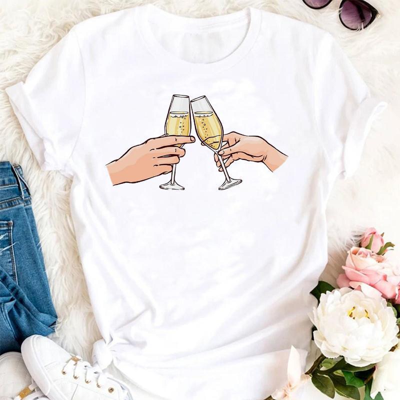 Womens Fashion Wine Glass Print Trendy Womens Base Layer Halfsleeved Womens Wear Shortsleeved Women Tshirt for Summer