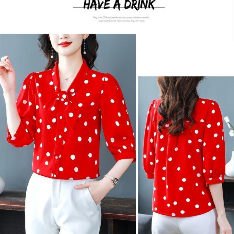 Modisches, viertelärmeliges Chiffon-Hemd mit Schalkragen, bodenlange Bluse, schmale Passform, Sommer, dünnes, kurzes Polka-Dot-Print-Top, M-5XL