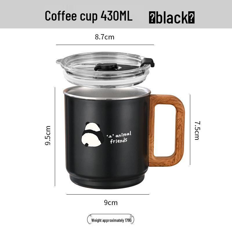Cartoon Large 304 Stainless Steel Coffee Mug with Lid and Straw 430ml чёрный