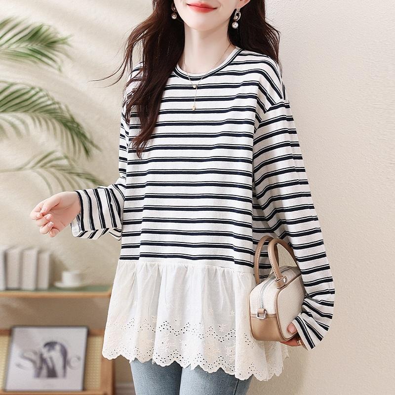 long sleeve oversized Knitted lace vintage stripe Casual loose spring autumn winter t shirt tops Women t-shirt