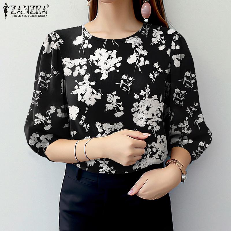 ZANZEA Blusa informal holgada con cuello redondo y mangas 3/4 para mujer