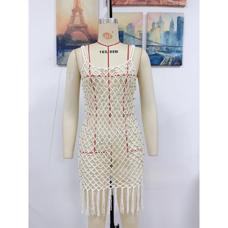 Damen Sommer Neu Träger Sexy Strand Einfarbig Handhäkel Fransen Kittel