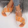Fashion Pearls Crystal Plush Slippers Women Fashion Cross Band Slip On Cotton Slippers Woman Winter Faux Fur Warm Slides Female Comfort