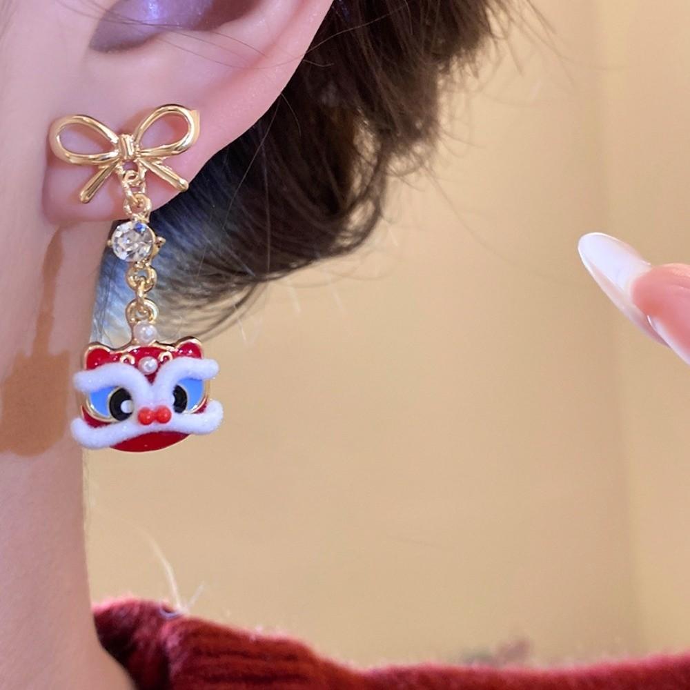Year of Horse Lion Dance Ear Studs Awakened Lion Drop Earrings Bow Lion Dance Earrings  Wedding