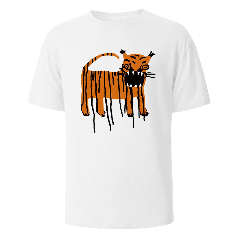 2025 New Summer Men's Horror Tiger Print Crew Neck T-shirt Pure Cotton Breathable Top Daily Casual Loose Large Size Short Sleeve
