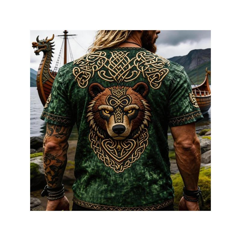 T-shirt Uomo Estiva 2026 Stile Retro Street Usurata con Orso Vichingo, Nodo Celtico, Stampa 3D, Maniche Corte Ampie Girocollo