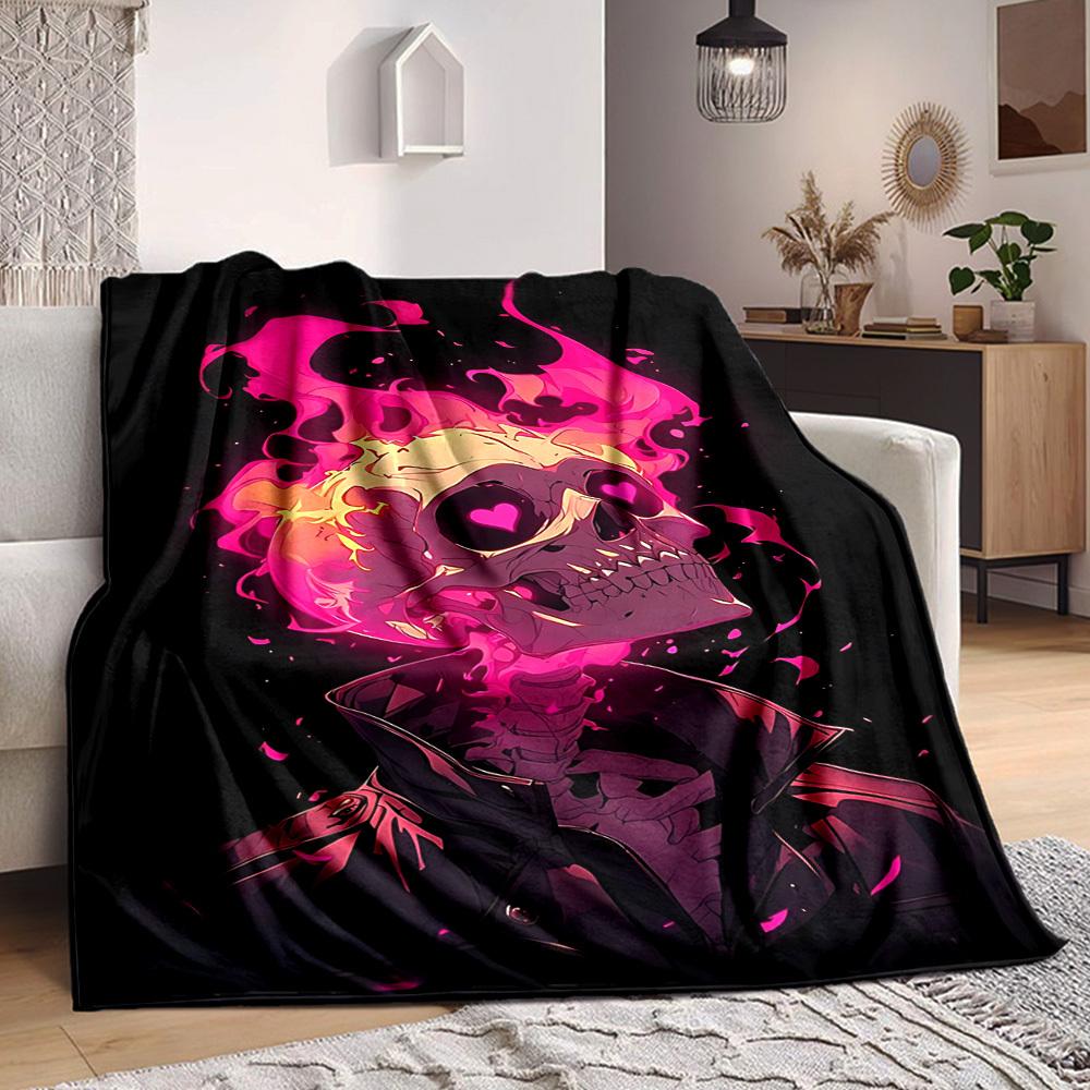 1pc Skull Flames Blanket Lightweight Flannel Blanket Throw Blanket For Sofa, Bed, Travel, Camping, Livingroom, Couch, Chair, And Bed Yy2509026161