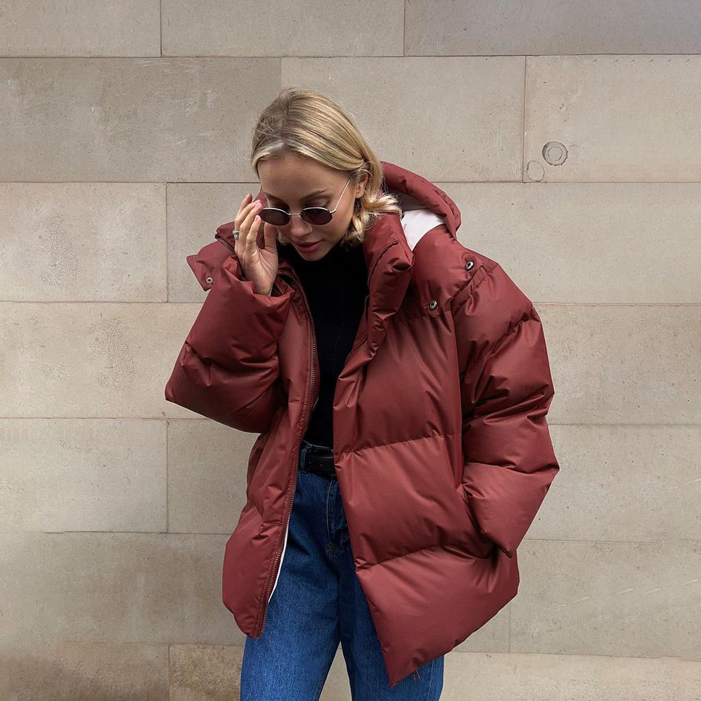 Casual Women Thicken Hooded Down Cotton Jacket Fashion Long Sleeve Lapel Snow Coat Lady Winter Chic Daily Warm Commute Wear