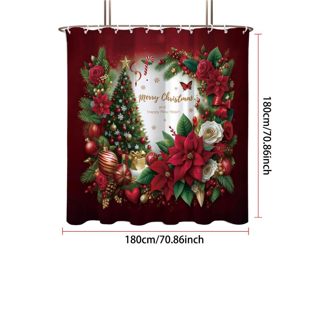 1pc Christmas red floral print waterproof shower hanging curtain with 12 hooks, multi size holiday decoration, machine washabl