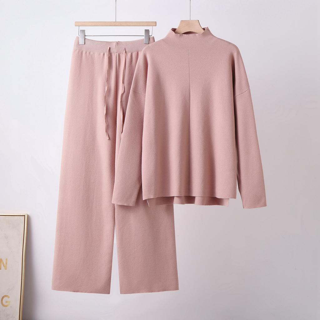 Autumn and Winter Casual Long Sleeve Split Knitted Sweater High Waist Skinny Wide Leg Pants Trousers Two-piece Set Modal