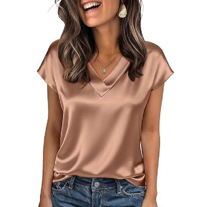 Women Summer T-shirts V-neck Short Sleeve Satin Tee Tops Ladies Casual Top Shirt