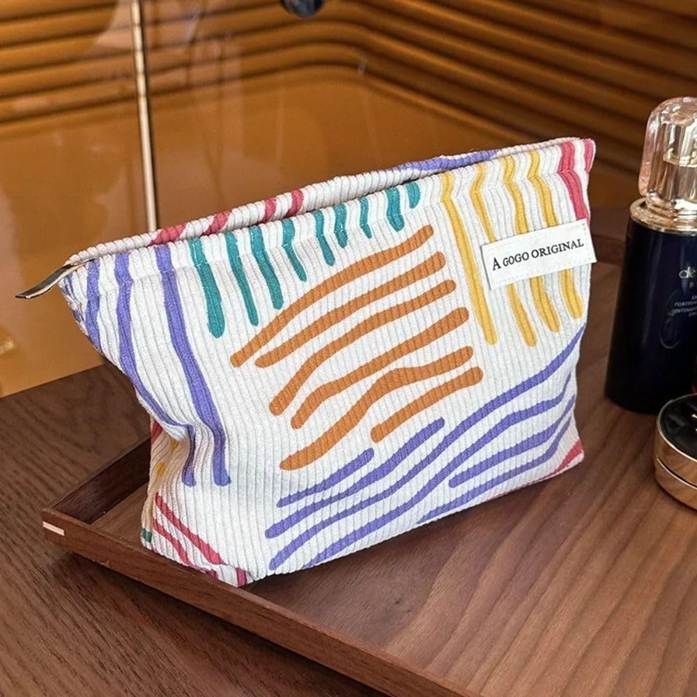 Travel Cosmetic Fashionable Corduroy with Crushed Colors and Makeup Beauty Storage Makeup Clutch Bag Women's Bag, Stripes, Pouch, Case, Organizer,