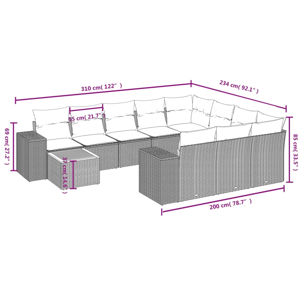 11-teiliges Gartensofa-Set mit Kissen Schwarzes Poly-Rattan