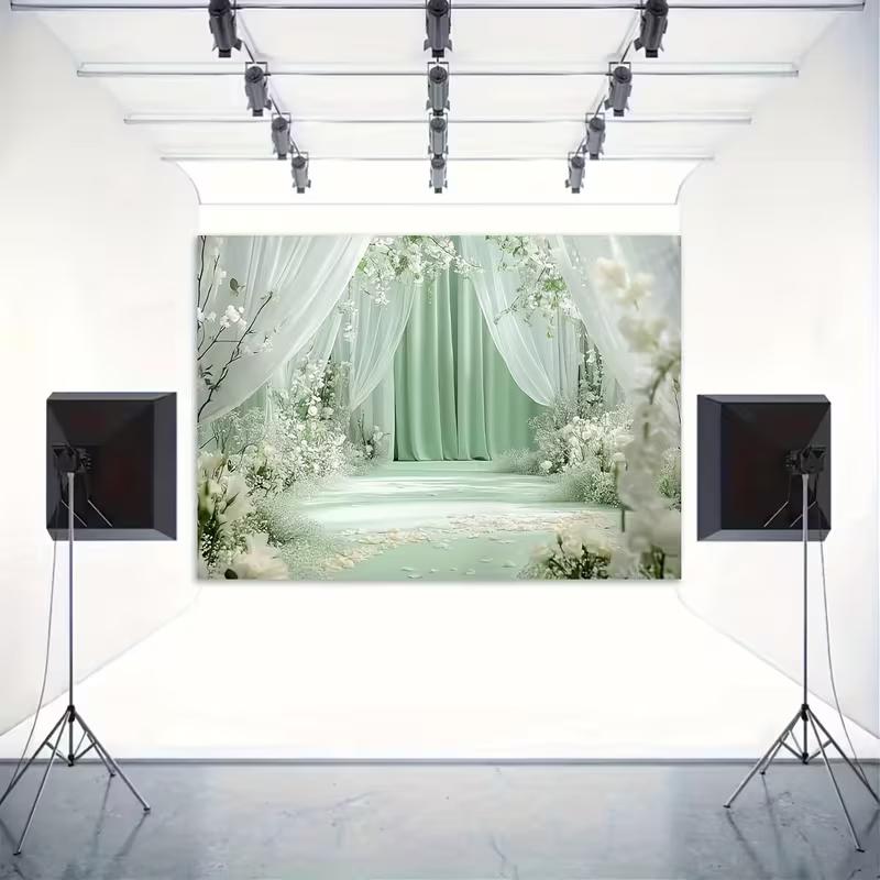 2D Sage Green Curtain Backdrop White Flower Wedding Photography Background