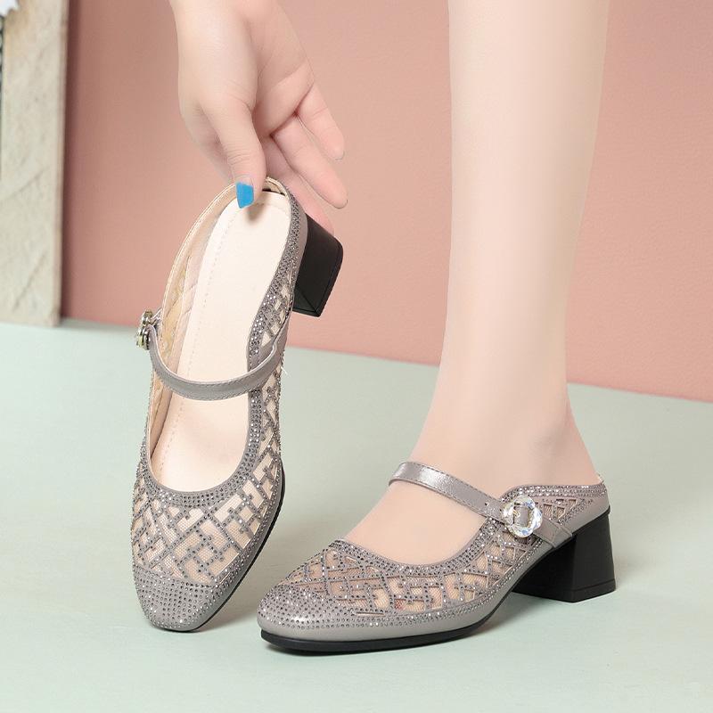 4.5cm Breathable Comfortabel Round Head Mesh Mules Women's Shallow Slippers 2025 Summer Med Block Heels Slides for Office Mom
