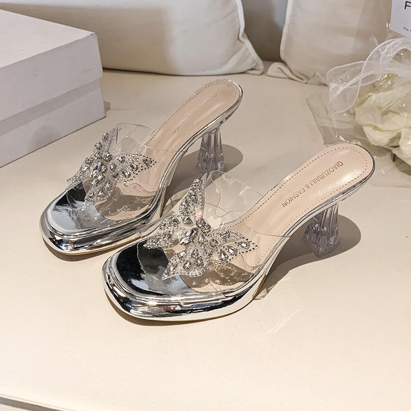 

Fairy wind thick-soled cool slippers female 2025 summer new bow temperament high heels OL thick heel outer slippers 41 серебряный