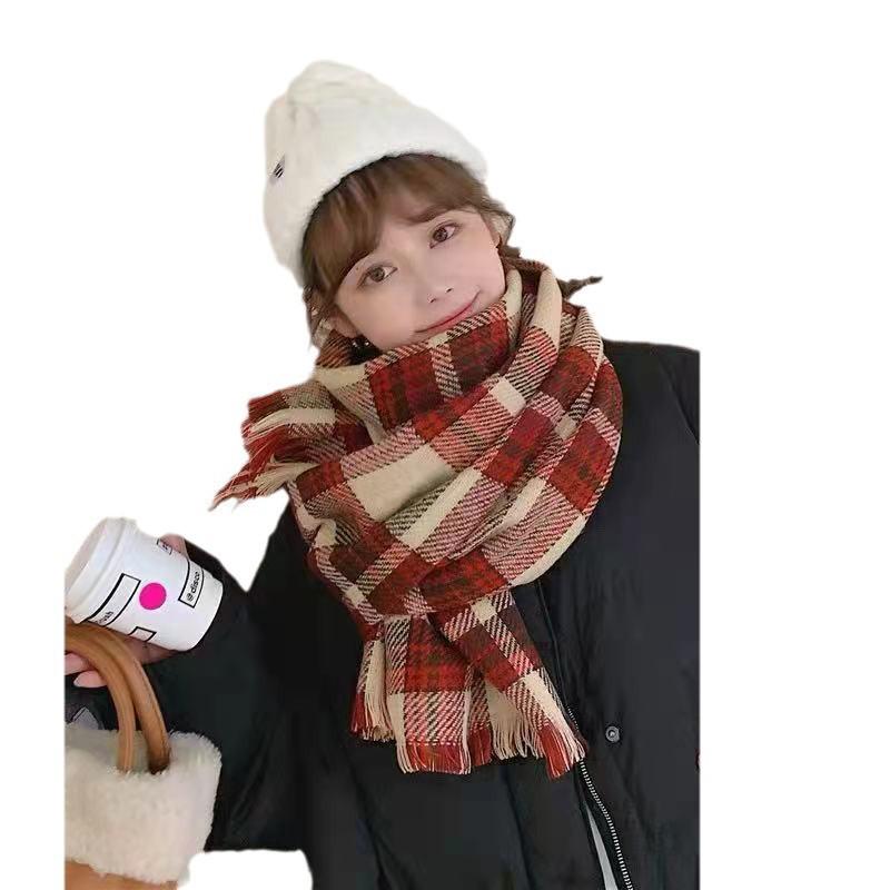 Christmas Red Plaid Couple Scarf - Imitation Cashmere Neck Warmer, Korean Style Autumn/Winter Accessory