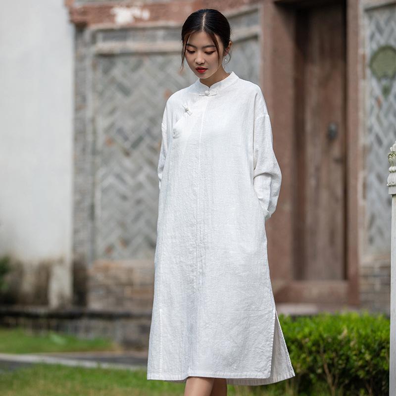 2026 Spring Chinese Style Handmade Frog Button Patchwork Slimming Zen Qipao Dress for Women