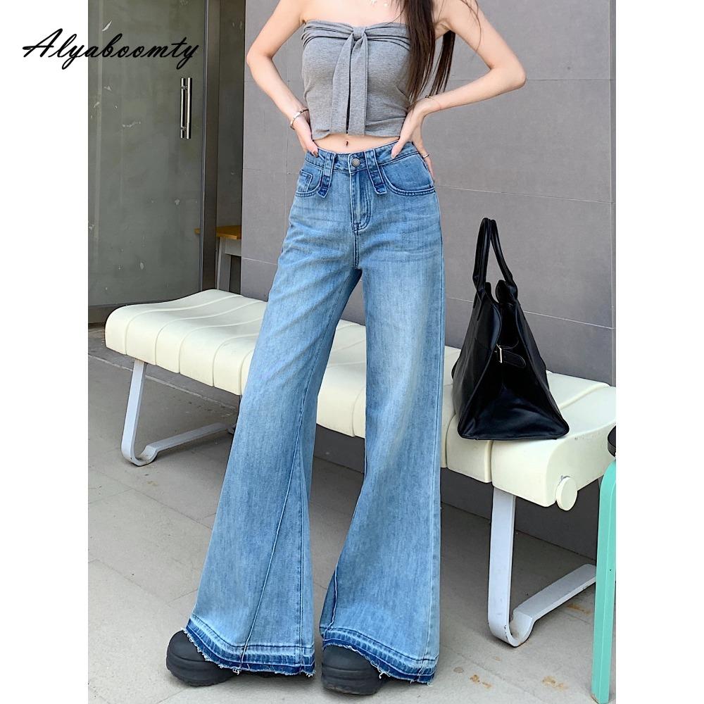 Korean Style Spring Autumn Women Light Blue Flare Jeans High Waist Solid Basic Classical Denim Pants Elegant Vintage Feminine Ladies' Jeans