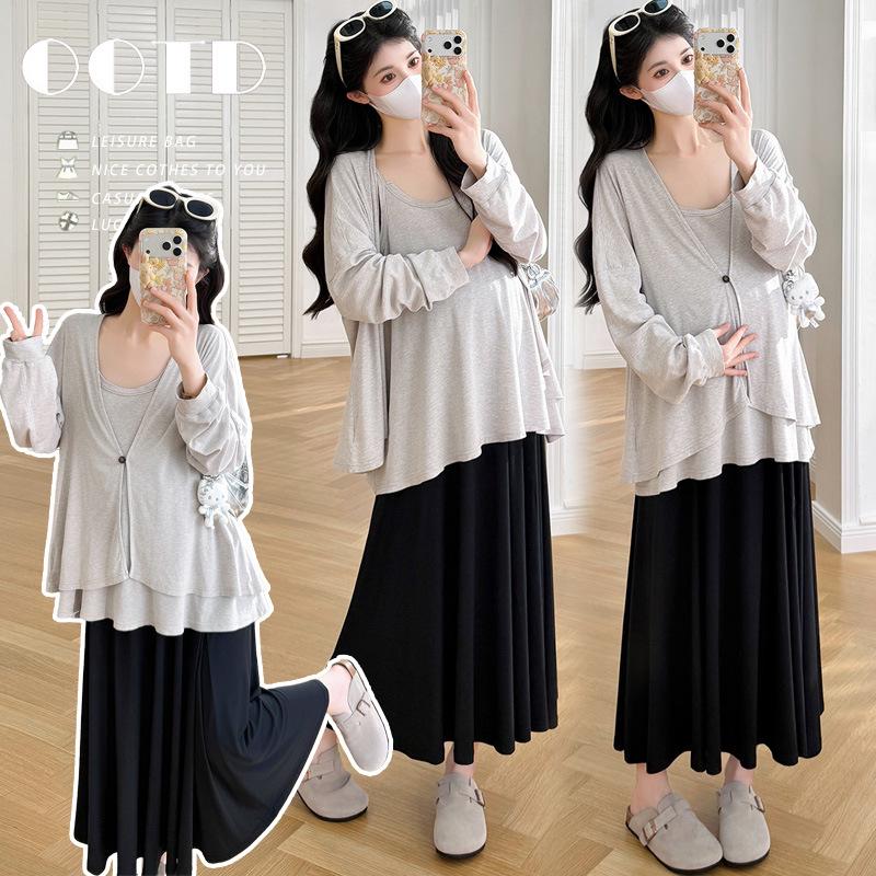 Trendy Maternity Three-Piece Set: Chic & Slimming Spring/Summer Top & Skirt M