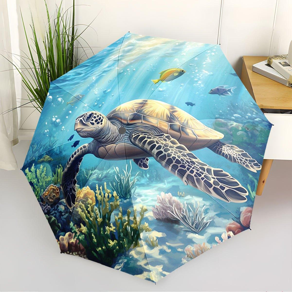 Folding umbrella Sea Turtle Swimming in a Vibrant Coral Reef Creative portable folding umbrella, suitable for all holiday