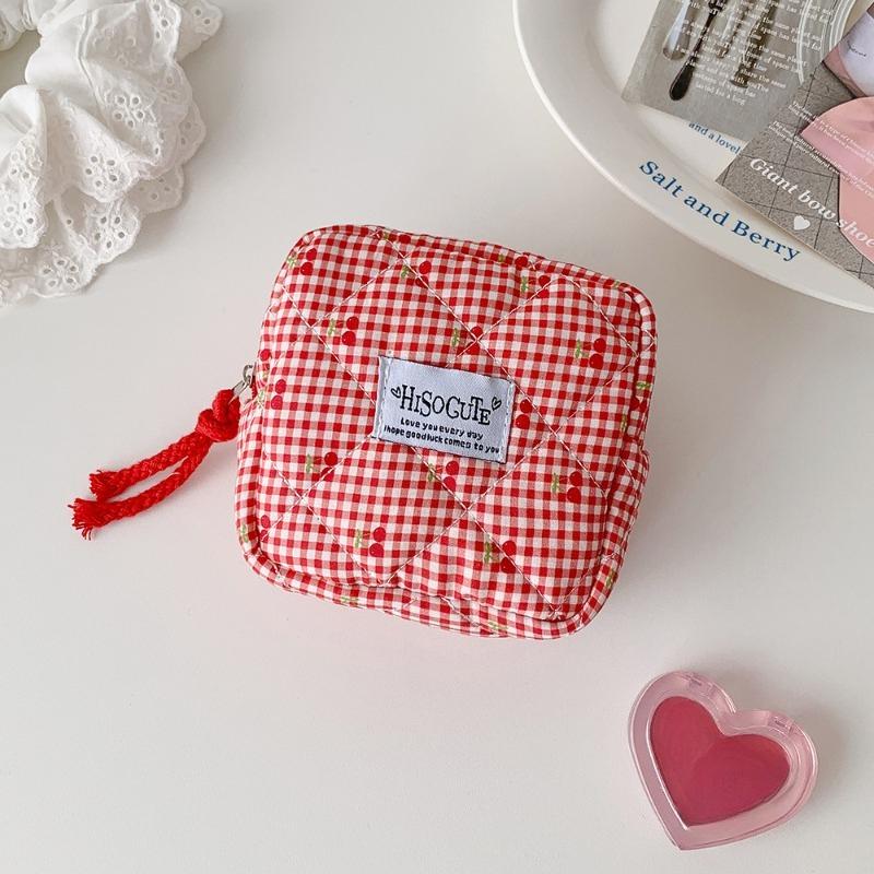 Ins Fresh Red Cherry Quilted Cosmetic Bag Fashion Small Large Toiletry Makeup Storage Bag Cute Lipstick Sanitary Napkin Case