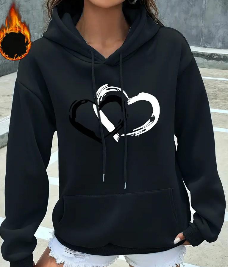Women's Heart Print Hooded Sweatshirt with Pockets - Comfortable Long Sleeve Casual Wear