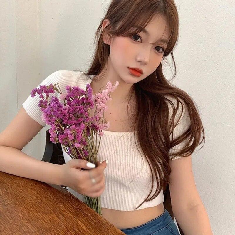 Women's Korean Square Collar Solid Short Sleeve Knitted Slim Pullover T-Shirt