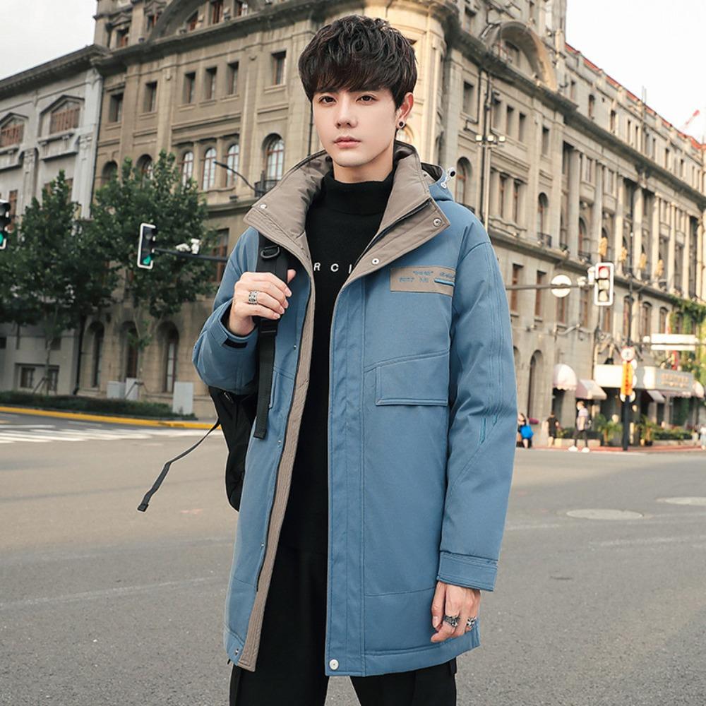 Winter new solid color high velvet tooling jacket medium and long hooded clothes trendy men's clothing