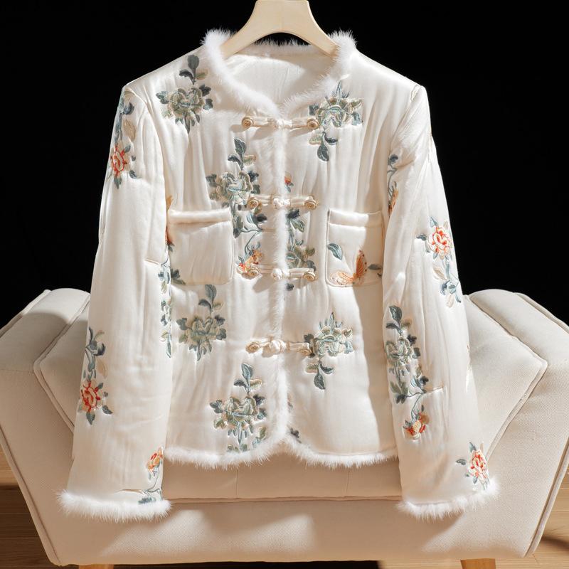 

Женский пуховик из норки с воротником осенью и зимой, пальто в китайском стиле, топ с тяжелой вышивкой.