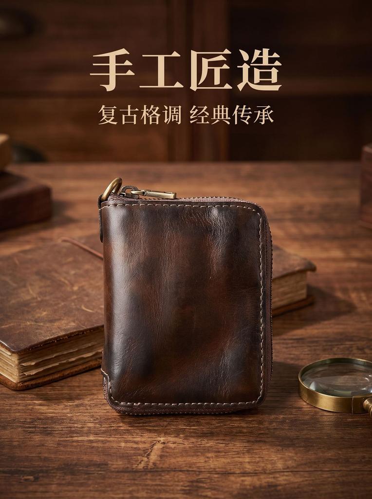 Multi-Functional Genuine Leather Wallet for Men, Vintage Zipper Purse, All-in-One Organizer for Cards, Cash, Coins & ID