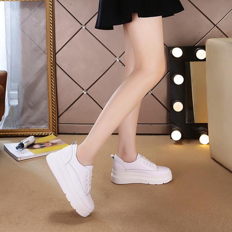 Genuine Leather White Shoes Women Sneakers Thick Sole Height Increasing 5cm Casual Ladies Soft Comfortable