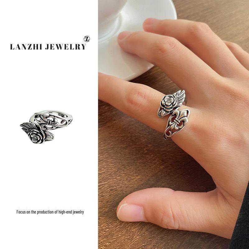 

Lan Zhi Кольцо панк открытое из стерлингового серебра 925 пробы с драконом и крестом для женщин Adjustable Open