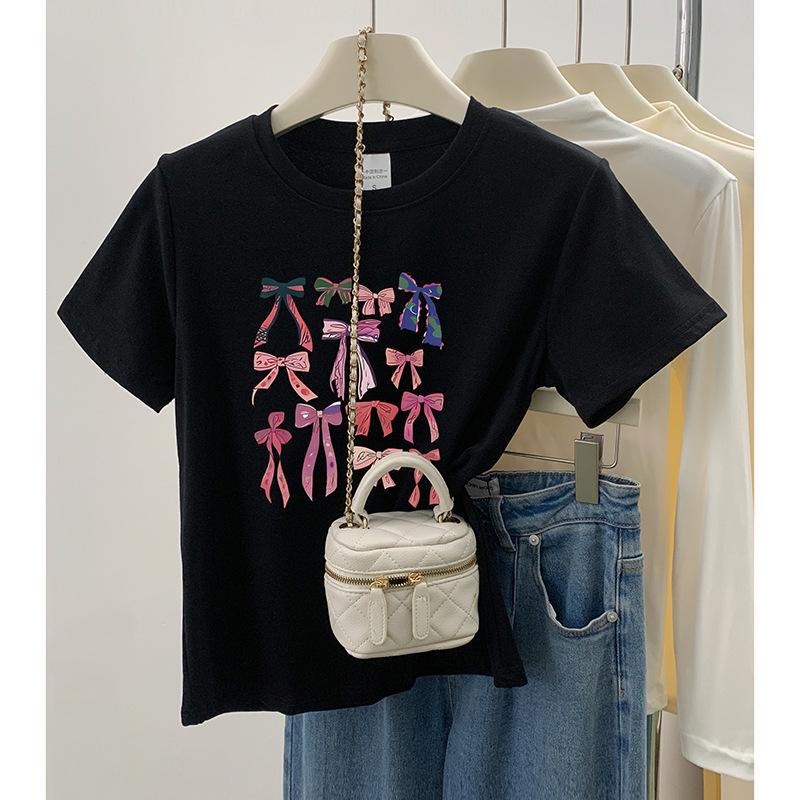 

2024 Summer Fashion Blouse: Age-Reducing Bow Print Round Neck, Slimming Straight Shoulder, Short Sleeve Women s Top L